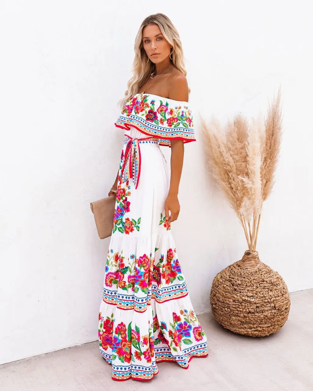 2024 Spring Summer Women's New Sexy One Shoulder Off Shoulder Fashion Red Flower Printed Lace Up Waist Long Swing Dress