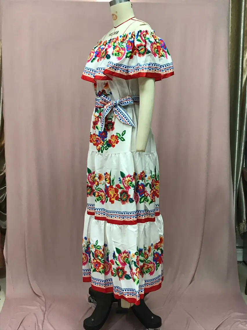 2024 Spring Summer Women's New Sexy One Shoulder Off Shoulder Fashion Red Flower Printed Lace Up Waist Long Swing Dress