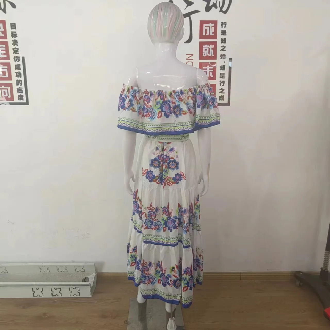 2024 Spring Summer Women's New Sexy One Shoulder Off Shoulder Fashion Red Flower Printed Lace Up Waist Long Swing Dress