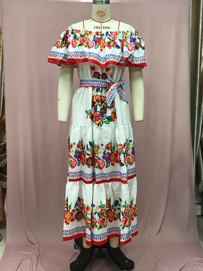 2024 Spring Summer Women's New Sexy One Shoulder Off Shoulder Fashion Red Flower Printed Lace Up Waist Long Swing Dress