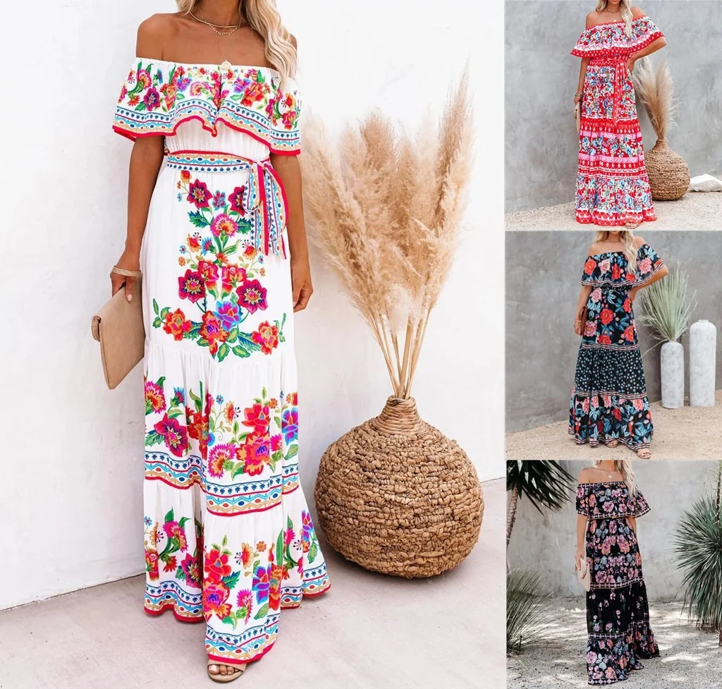 2024 Spring Summer Women's New Sexy One Shoulder Off Shoulder Fashion Red Flower Printed Lace Up Waist Long Swing Dress