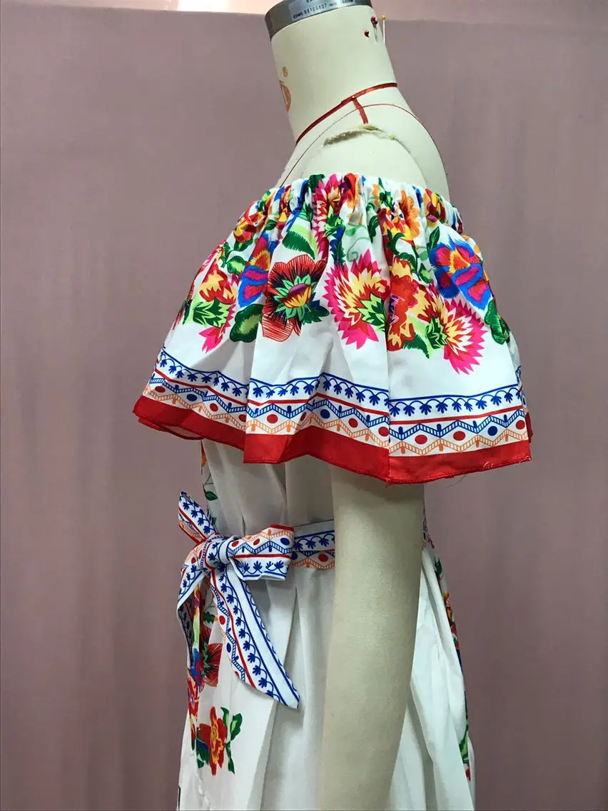 2024 Spring Summer Women's New Sexy One Shoulder Off Shoulder Fashion Red Flower Printed Lace Up Waist Long Swing Dress