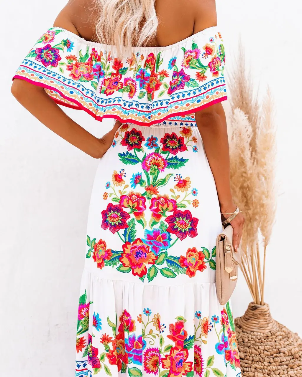 2024 Spring Summer Women's New Sexy One Shoulder Off Shoulder Fashion Red Flower Printed Lace Up Waist Long Swing Dress