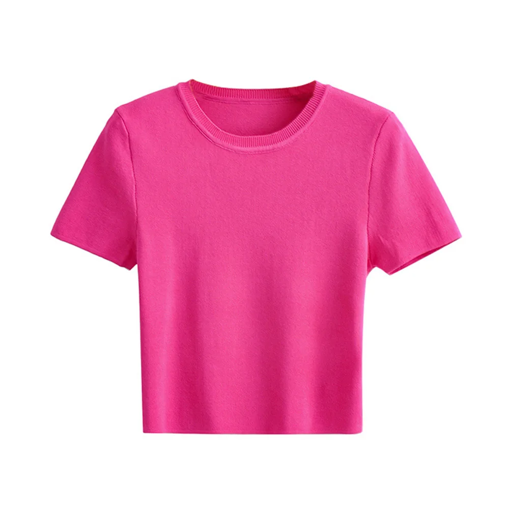 Women Fashion Striped Basic Cropped Knit Sweater Vintage O Neck Short Sleeve Female Pullovers Chic Tops