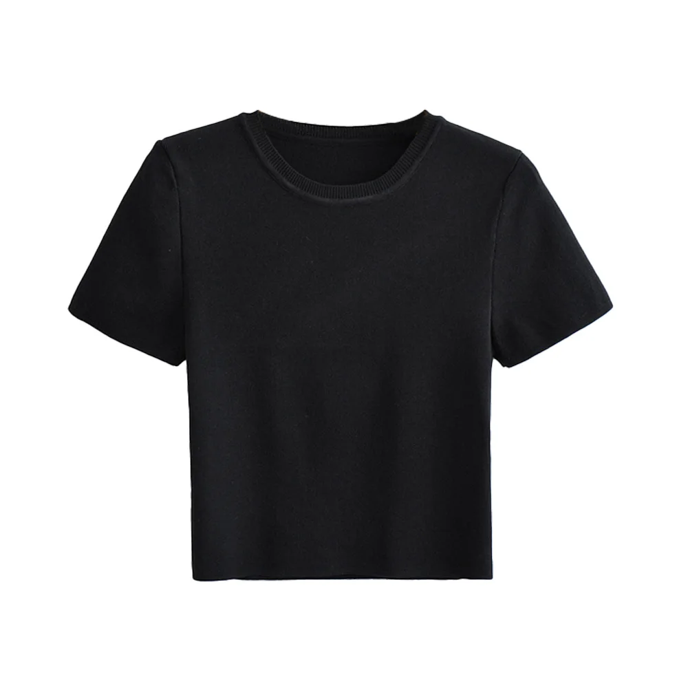 Women Fashion Striped Basic Cropped Knit Sweater Vintage O Neck Short Sleeve Female Pullovers Chic Tops