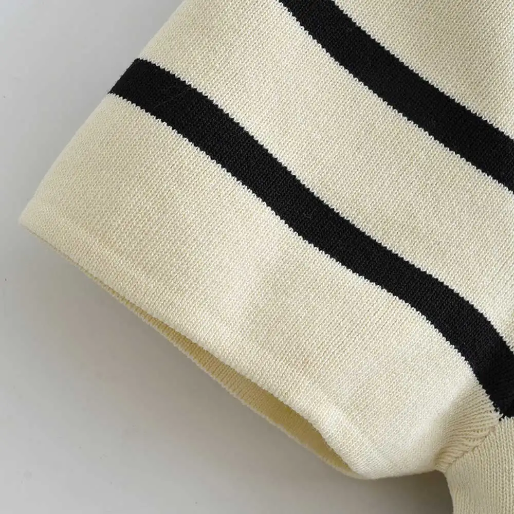 Women Fashion Striped Basic Cropped Knit Sweater Vintage O Neck Short Sleeve Female Pullovers Chic Tops