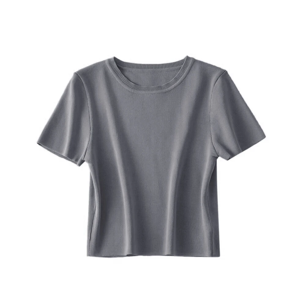 Women Fashion Striped Basic Cropped Knit Sweater Vintage O Neck Short Sleeve Female Pullovers Chic Tops