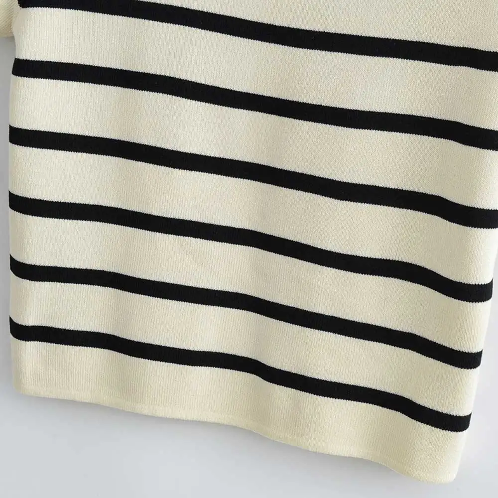 Women Fashion Striped Basic Cropped Knit Sweater Vintage O Neck Short Sleeve Female Pullovers Chic Tops