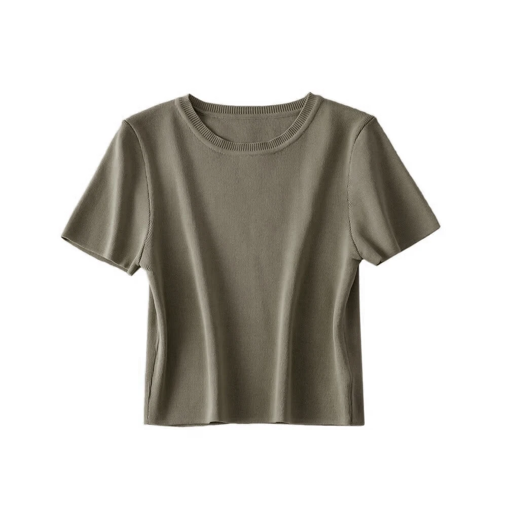 Women Fashion Striped Basic Cropped Knit Sweater Vintage O Neck Short Sleeve Female Pullovers Chic Tops