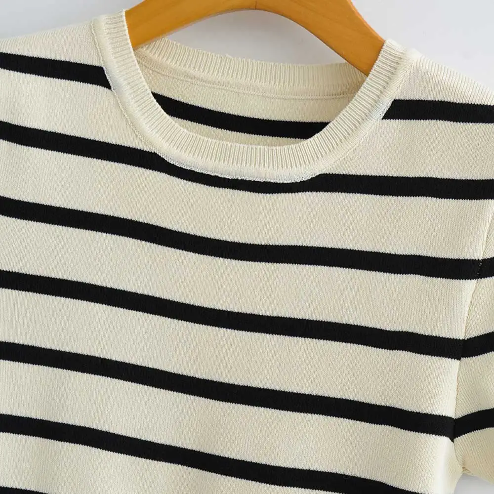 Women Fashion Striped Basic Cropped Knit Sweater Vintage O Neck Short Sleeve Female Pullovers Chic Tops