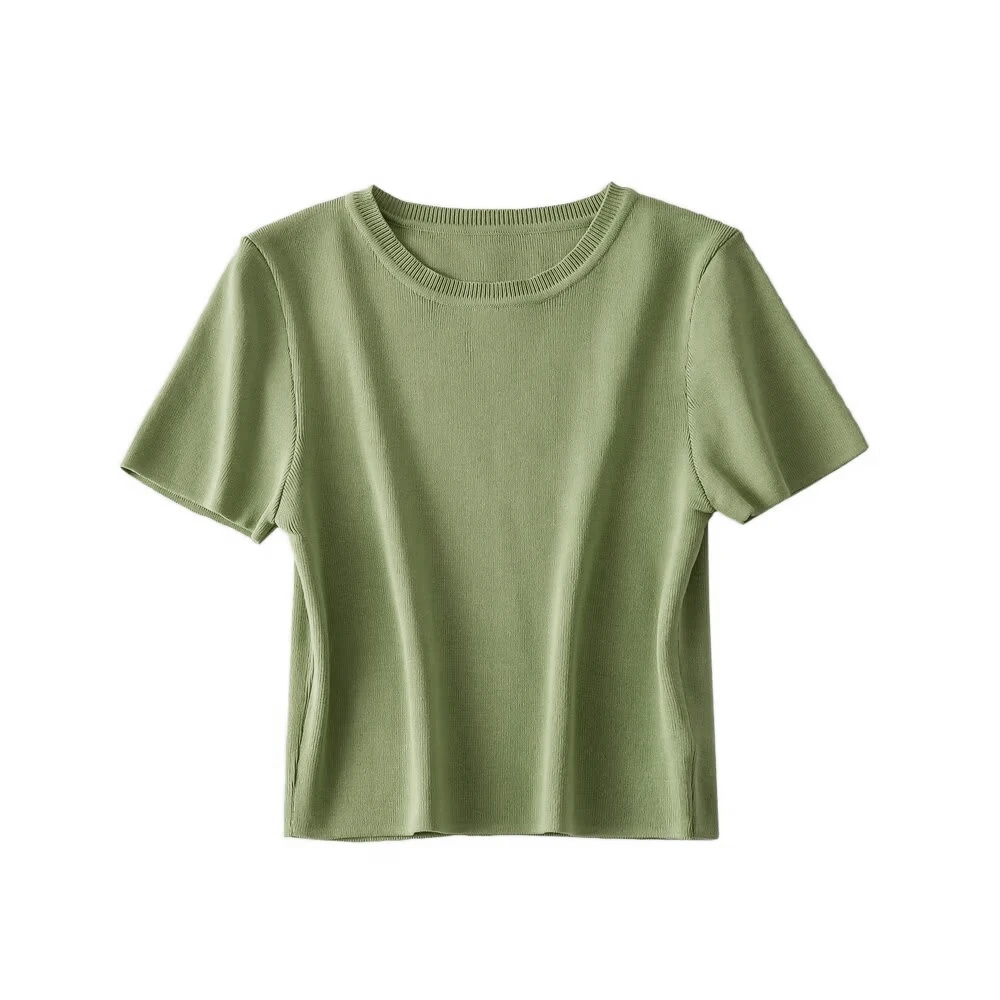 Women Fashion Striped Basic Cropped Knit Sweater Vintage O Neck Short Sleeve Female Pullovers Chic Tops