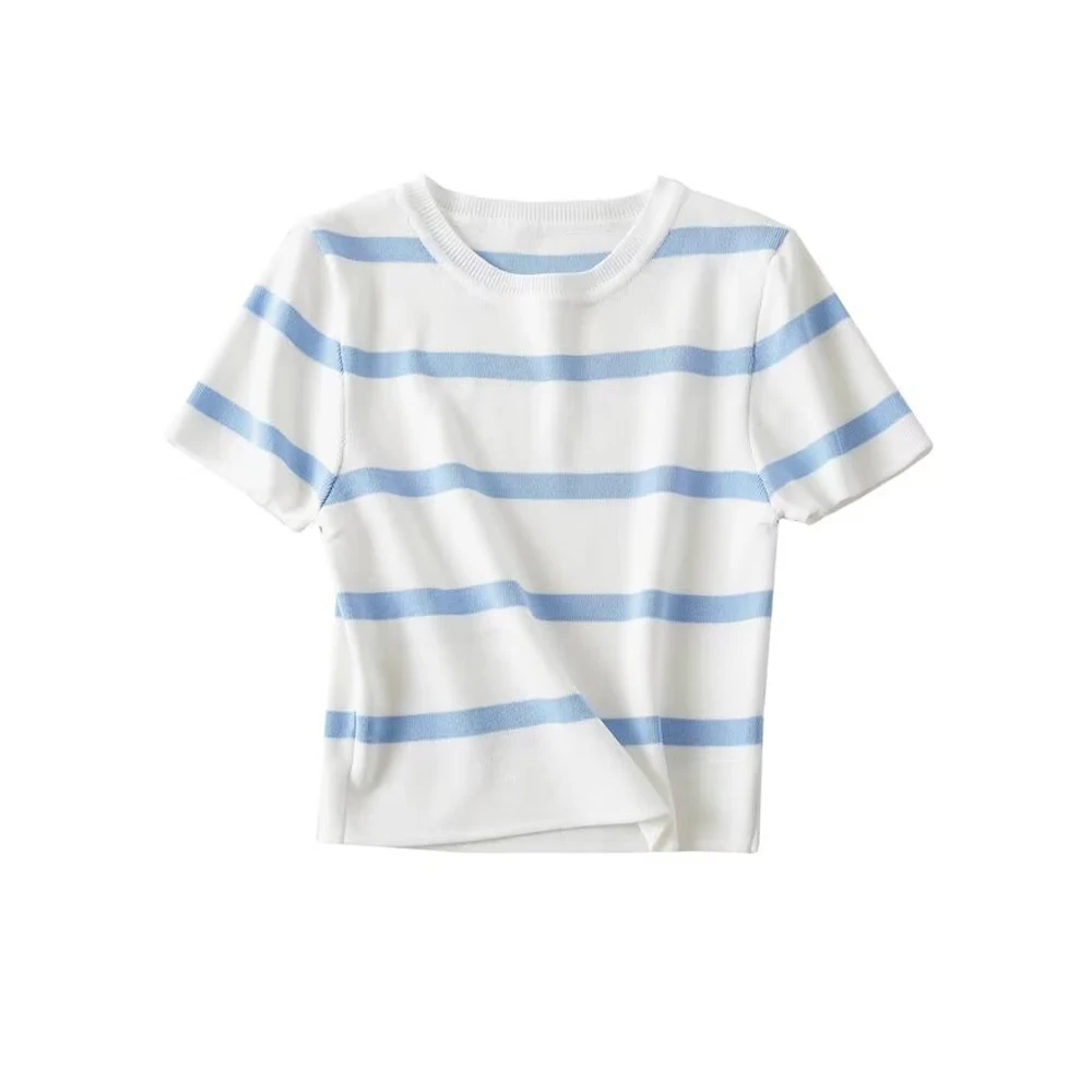 Women Fashion Striped Basic Cropped Knit Sweater Vintage O Neck Short Sleeve Female Pullovers Chic Tops