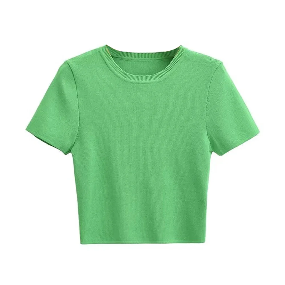 Women Fashion Striped Basic Cropped Knit Sweater Vintage O Neck Short Sleeve Female Pullovers Chic Tops