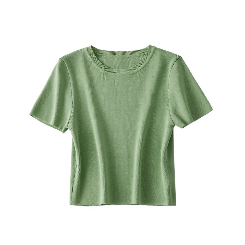 Women Fashion Striped Basic Cropped Knit Sweater Vintage O Neck Short Sleeve Female Pullovers Chic Tops