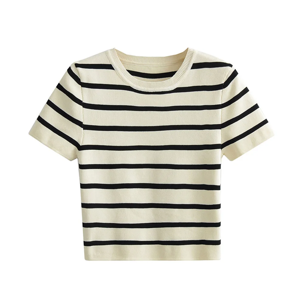 Women Fashion Striped Basic Cropped Knit Sweater Vintage O Neck Short Sleeve Female Pullovers Chic Tops