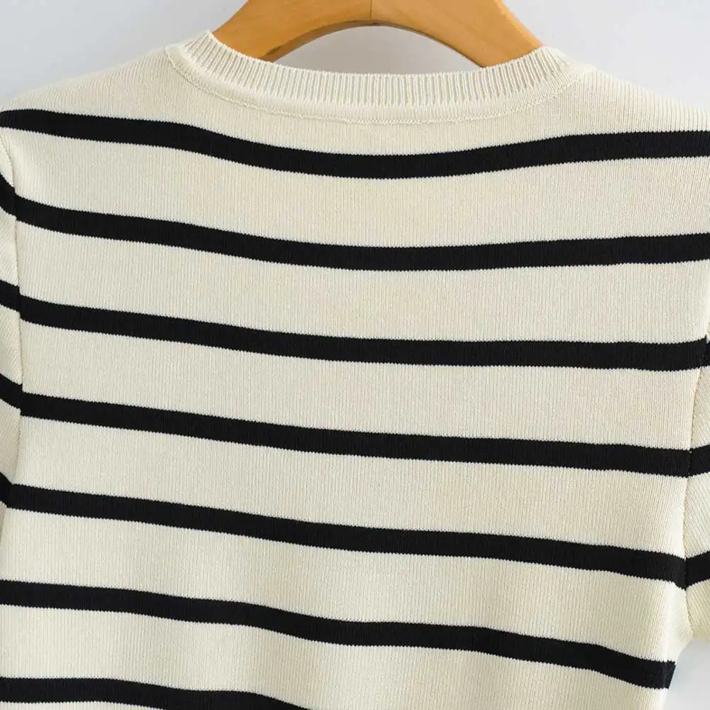 Women Fashion Striped Basic Cropped Knit Sweater Vintage O Neck Short Sleeve Female Pullovers Chic Tops