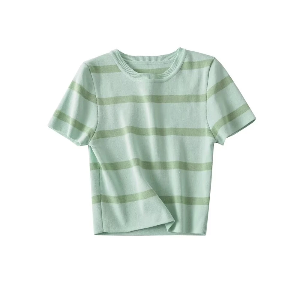 Women Fashion Striped Basic Cropped Knit Sweater Vintage O Neck Short Sleeve Female Pullovers Chic Tops
