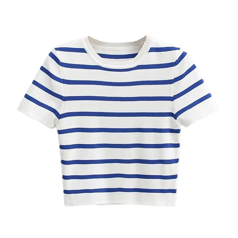 Women Fashion Striped Basic Cropped Knit Sweater Vintage O Neck Short Sleeve Female Pullovers Chic Tops