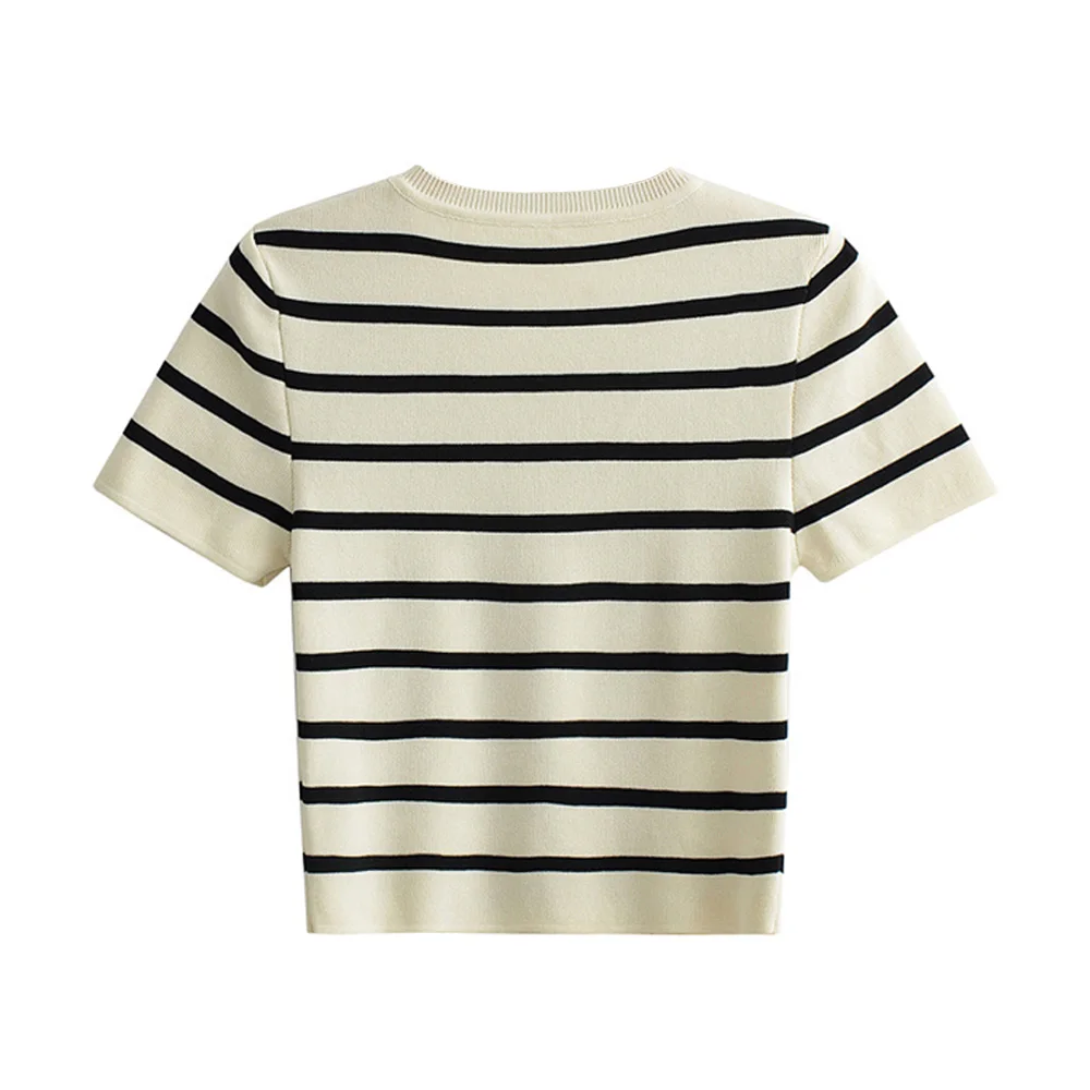 Women Fashion Striped Basic Cropped Knit Sweater Vintage O Neck Short Sleeve Female Pullovers Chic Tops