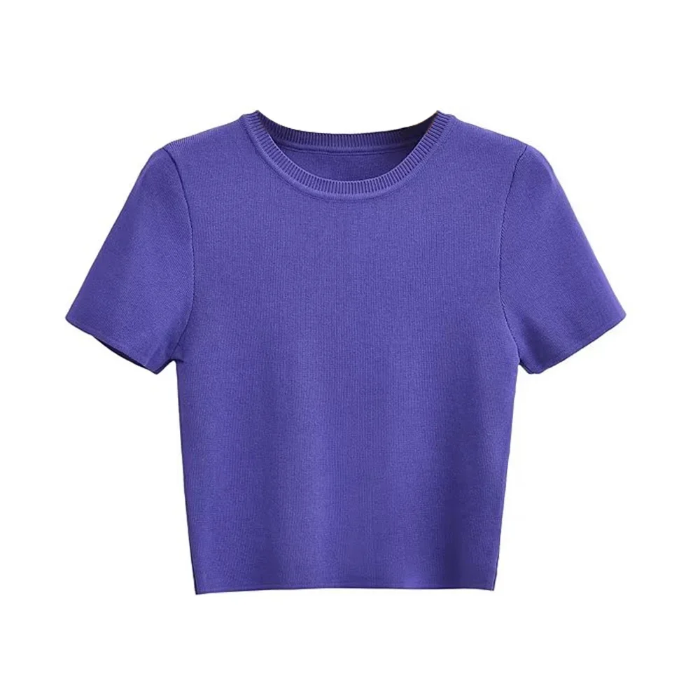 Women Fashion Striped Basic Cropped Knit Sweater Vintage O Neck Short Sleeve Female Pullovers Chic Tops
