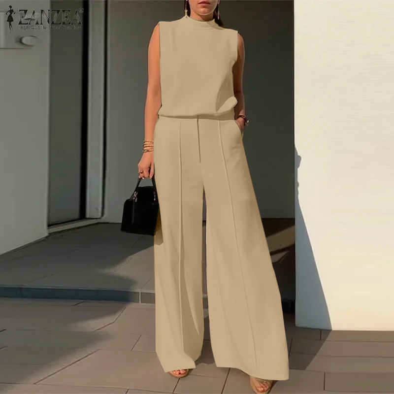 Elegant Chic Women's 2 Pieces Sets ZANZEA Woman 2025 Fashion Sleeveless Tops and Wide-Leg Pants Suits Outfit Minimalist Clothes
