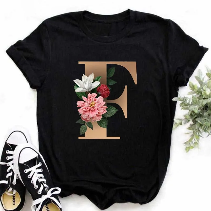 A B C D E English Alphabet Print T Shirt Women New Summer Couples Lovers Female T-Shirt Harajuku Casual Black Tops Tshirts