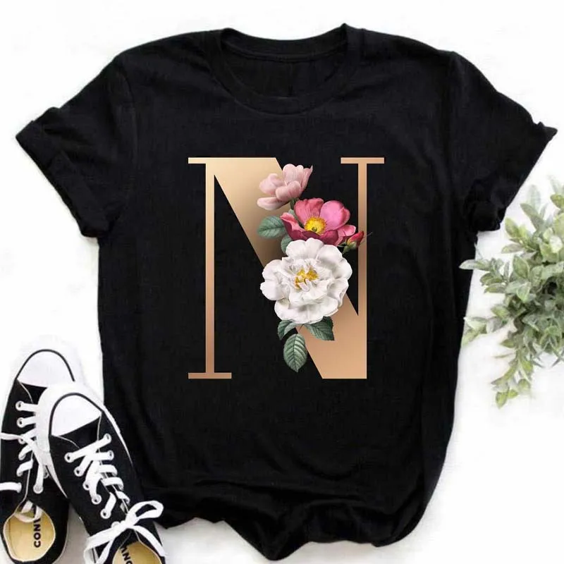 A B C D E English Alphabet Print T Shirt Women New Summer Couples Lovers Female T-Shirt Harajuku Casual Black Tops Tshirts