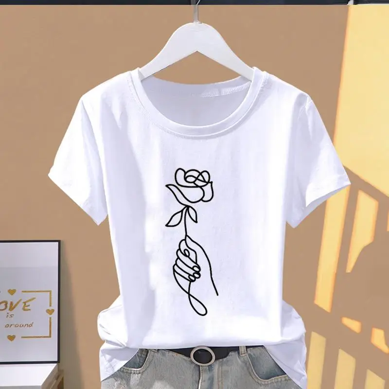 Classic Best-Selling Pink Trapezoid Pattern Printed Women's Round-Neck Short-Sleeved T-Shirt, Fashionable Sporty Summer Modal