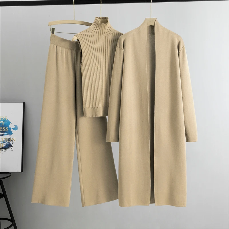 Spring Autumn 3 Piece Women Cardigan Tracksuits Fashion Knitted Pant Set Ladies Sweater Suit Vintage Fashion Ladies 3 Piece Set