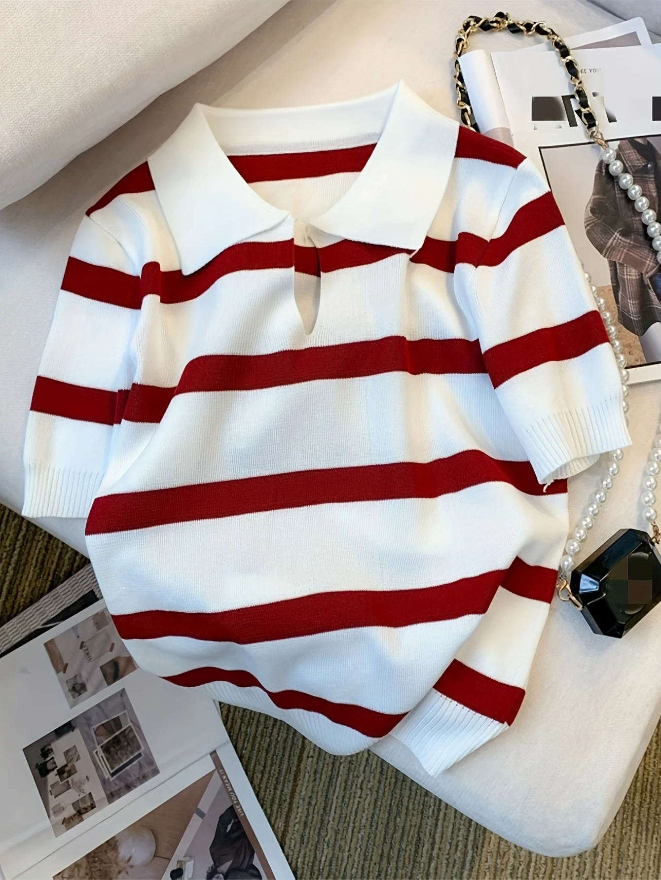 2026 New Striped Pattern Collared Sweater Versatile Short Sleeve Knitted Top For Spring & Summer Women's Clothing Crop Top