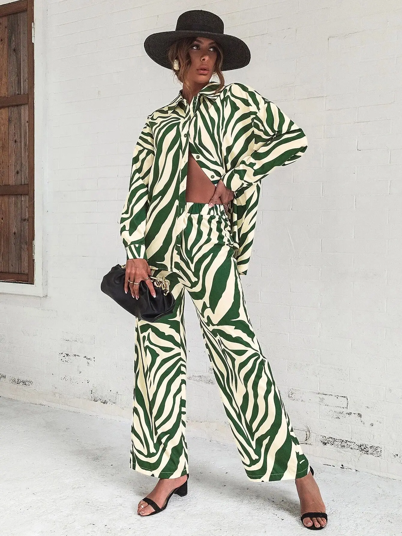 2022 Cross Border Hot Edition Street Trendy Print Trouser Set Long Sleeve Full Screen Print Off Shoulder Shirt Set
