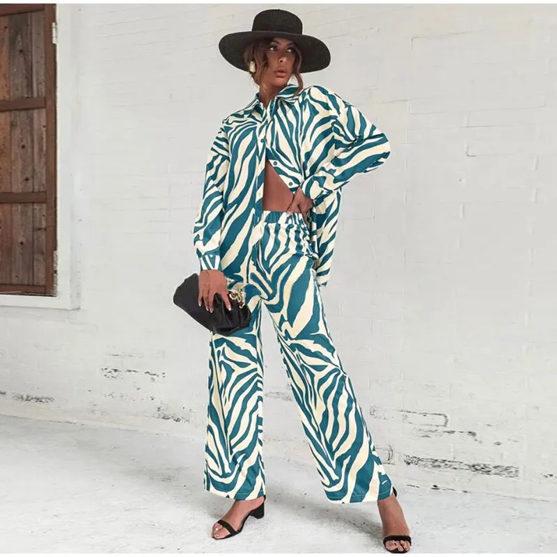 2022 Cross Border Hot Edition Street Trendy Print Trouser Set Long Sleeve Full Screen Print Off Shoulder Shirt Set