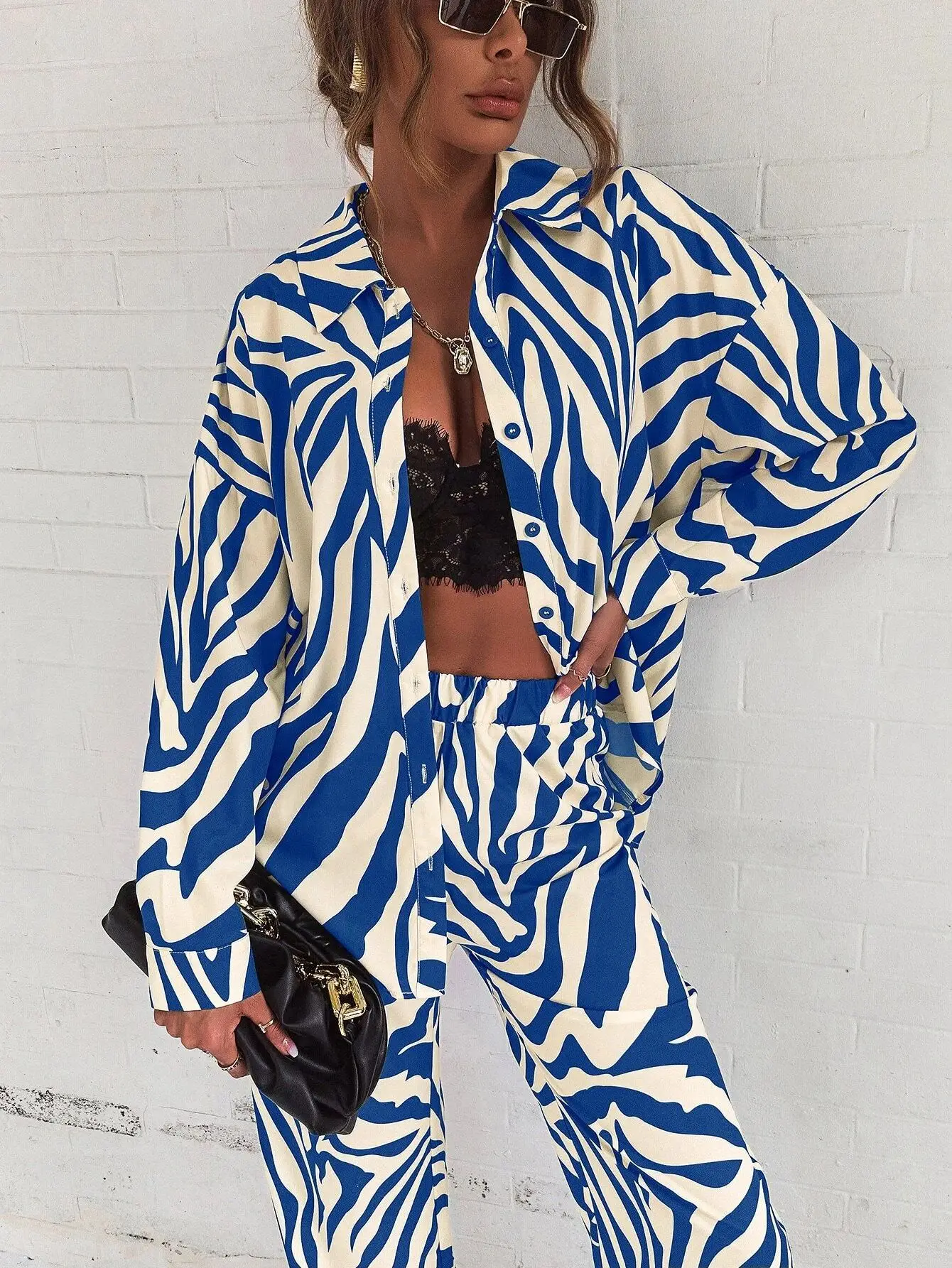 2022 Cross Border Hot Edition Street Trendy Print Trouser Set Long Sleeve Full Screen Print Off Shoulder Shirt Set