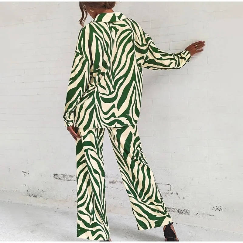2022 Cross Border Hot Edition Street Trendy Print Trouser Set Long Sleeve Full Screen Print Off Shoulder Shirt Set
