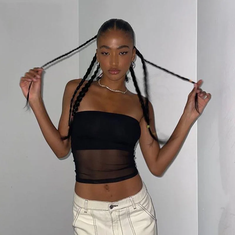 Mesh Corset Black Crop Top Women Patchwork Tube Top Sexy Sleeveless Off Shoulder Cami Summer Streetwear Slim Strapless Tank Tops