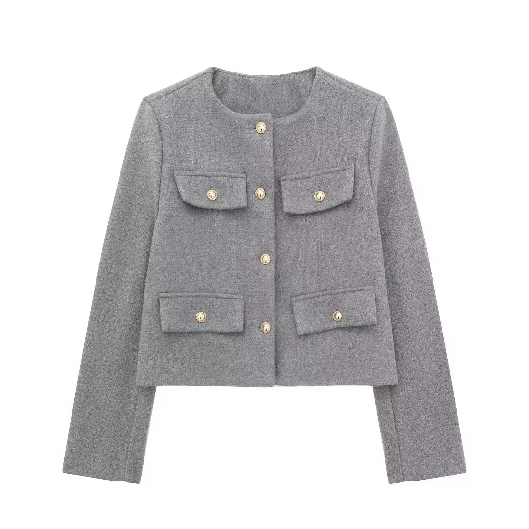 HH 2024 Fashion Women Bomber Cropped Jackets Female Golden Button Blazer Spring Women's Chic Streetwear Outwear Top