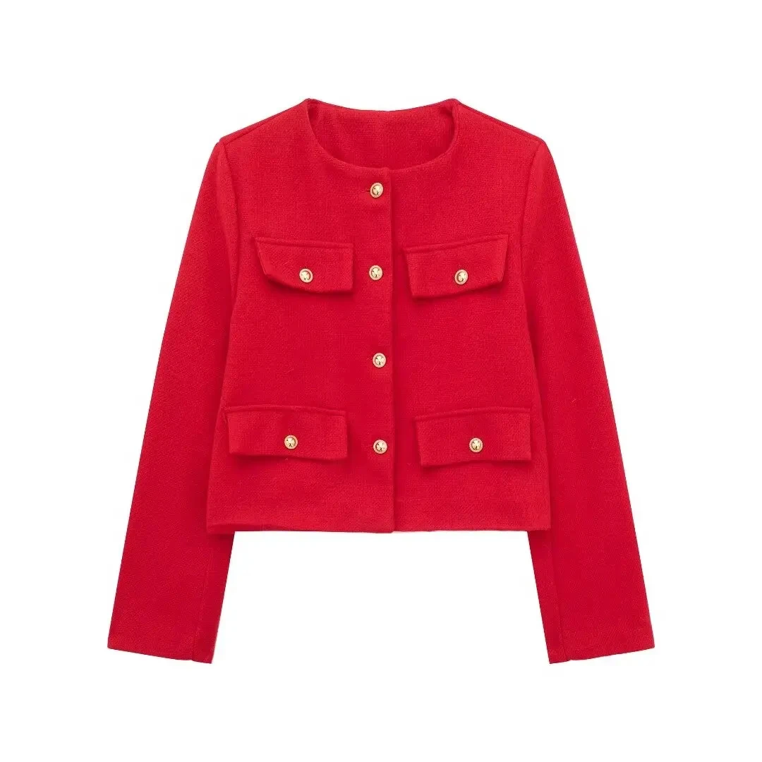 HH 2024 Fashion Women Bomber Cropped Jackets Female Golden Button Blazer Spring Women's Chic Streetwear Outwear Top
