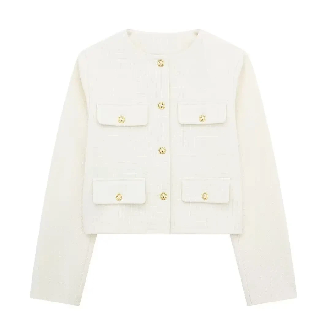 HH 2024 Fashion Women Bomber Cropped Jackets Female Golden Button Blazer Spring Women's Chic Streetwear Outwear Top