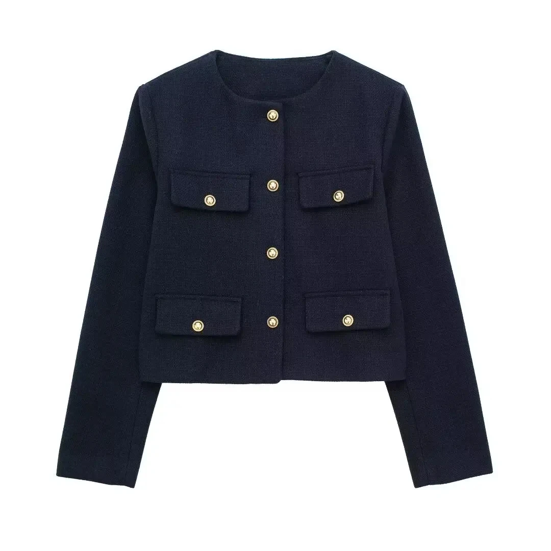 HH 2024 Fashion Women Bomber Cropped Jackets Female Golden Button Blazer Spring Women's Chic Streetwear Outwear Top