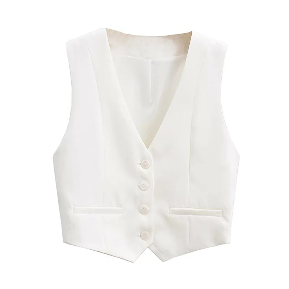 Women Fashion Front Buttons Cropped Waistcoat Vintage V Neck Sleeveless Female Outerwear Chic Tops