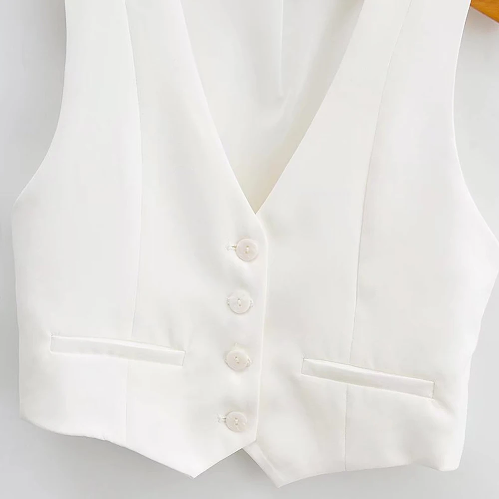 Women Fashion Front Buttons Cropped Waistcoat Vintage V Neck Sleeveless Female Outerwear Chic Tops