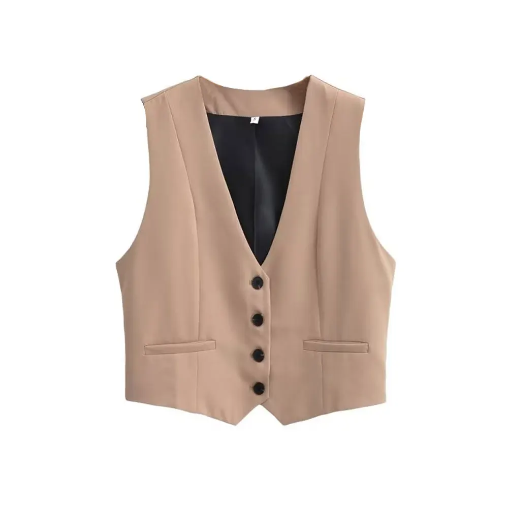 Women Fashion Front Buttons Cropped Waistcoat Vintage V Neck Sleeveless Female Outerwear Chic Tops