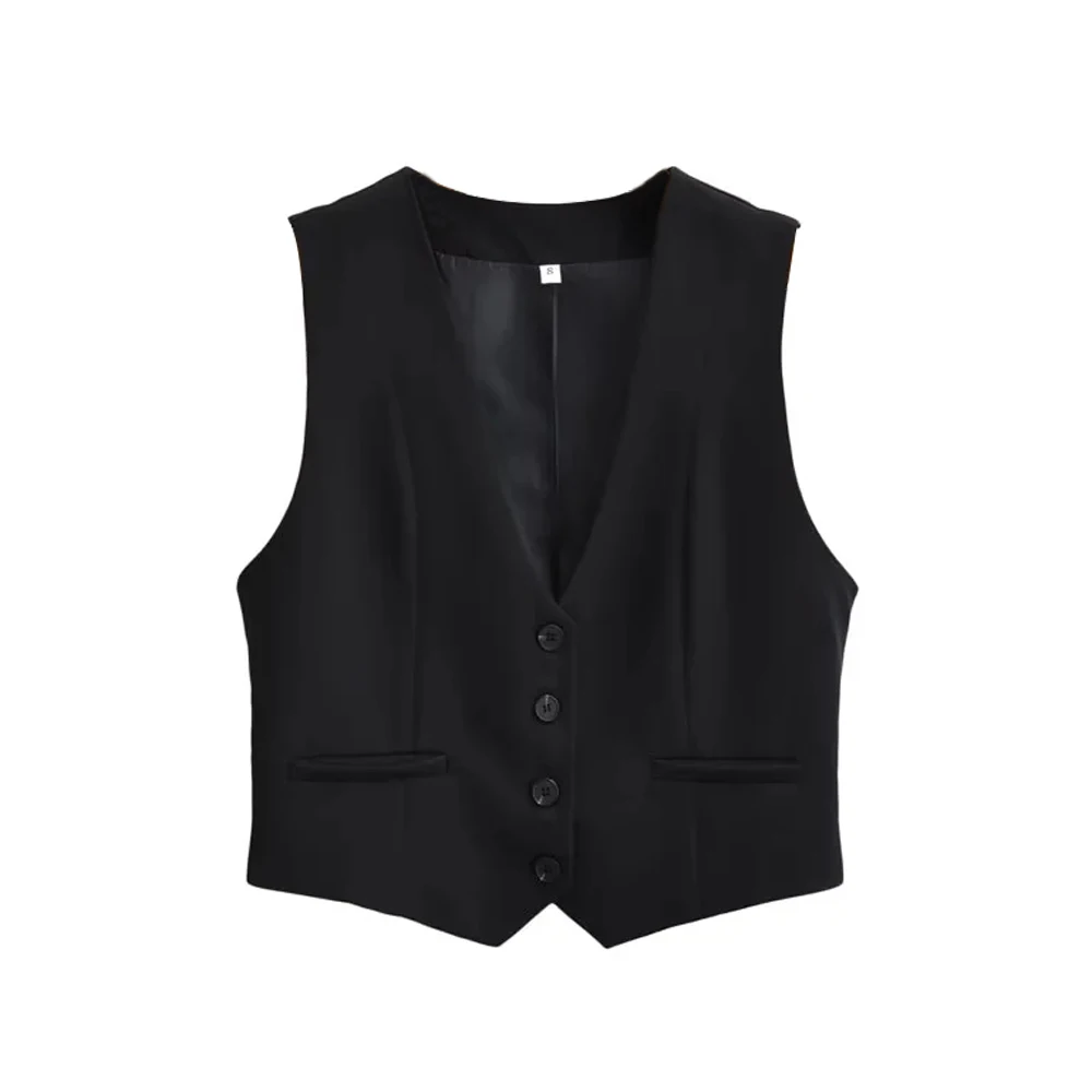 Women Fashion Front Buttons Cropped Waistcoat Vintage V Neck Sleeveless Female Outerwear Chic Tops