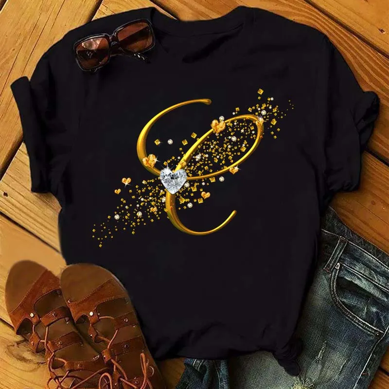 Custom Name Letter Combination Fashion Women T-shirt Diamond Gold Letter Font A B C D E F G Short Sleeve Tops Black T-shirt