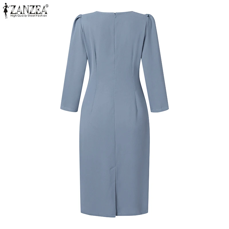 ZANZEA Women’s Sexy V-Neck Bodycon Party Dress, Ruched Waist Knee Length Dress 3/4 Sleeve, Summer Elegant Office Work Robe Femme