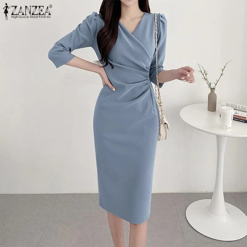ZANZEA Women’s Sexy V-Neck Bodycon Party Dress, Ruched Waist Knee Length Dress 3/4 Sleeve, Summer Elegant Office Work Robe Femme