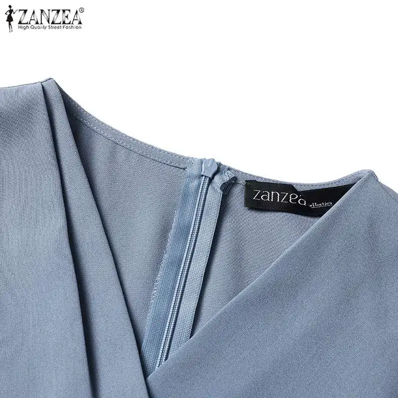 ZANZEA Women’s Sexy V-Neck Bodycon Party Dress, Ruched Waist Knee Length Dress 3/4 Sleeve, Summer Elegant Office Work Robe Femme