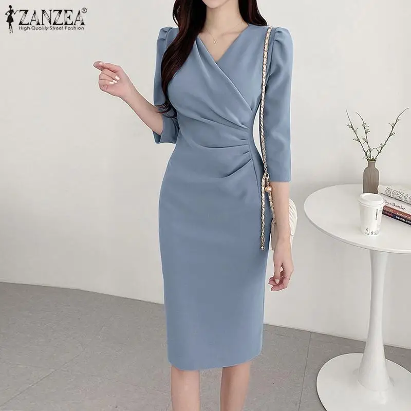 ZANZEA Women’s Sexy V-Neck Bodycon Party Dress, Ruched Waist Knee Length Dress 3/4 Sleeve, Summer Elegant Office Work Robe Femme