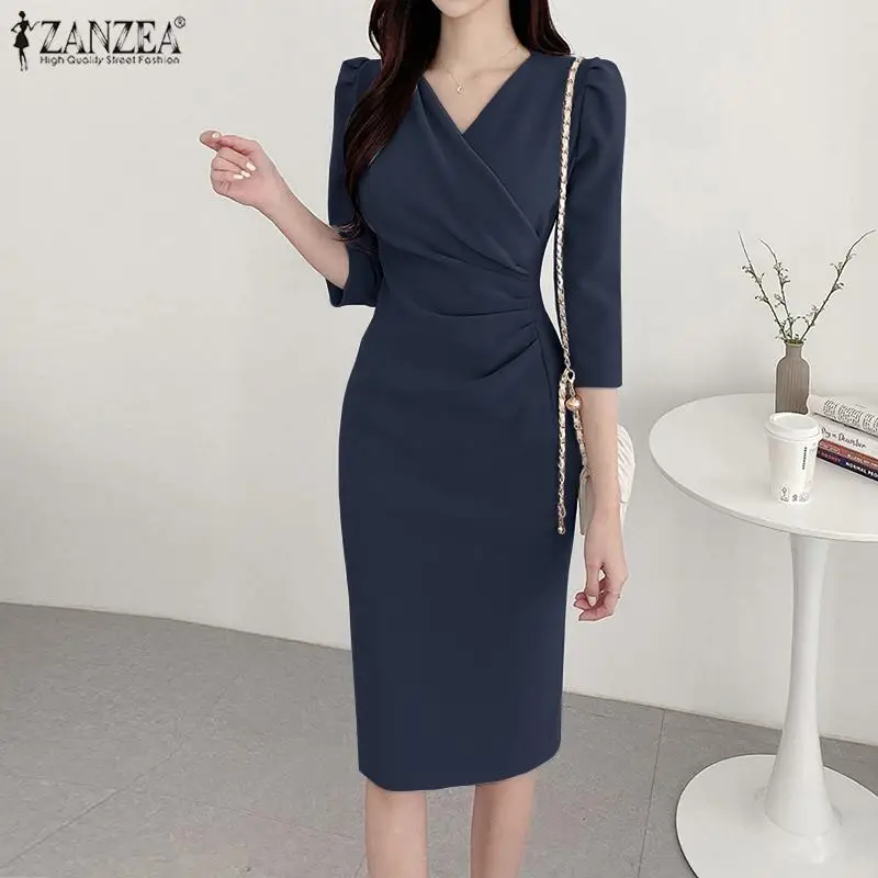 ZANZEA Women’s Sexy V-Neck Bodycon Party Dress, Ruched Waist Knee Length Dress 3/4 Sleeve, Summer Elegant Office Work Robe Femme