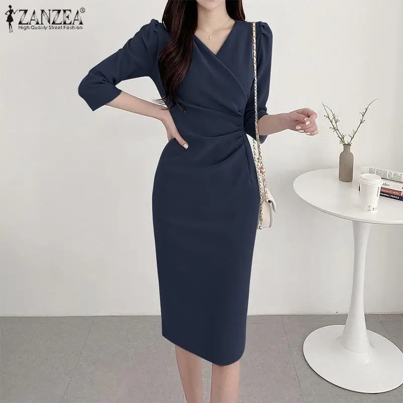 ZANZEA Women’s Sexy V-Neck Bodycon Party Dress, Ruched Waist Knee Length Dress 3/4 Sleeve, Summer Elegant Office Work Robe Femme